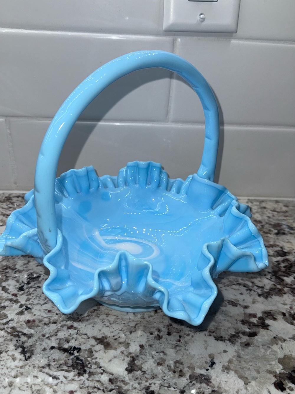 Light Blue Ruffled Glass Basket Vintage Slag like Milk Glass Fenton?